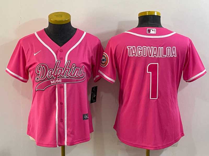Womens Miami Dolphins #1 Tua Tagovailoa Pink With Patch Cool Base Stitched Baseball Jersey->women nfl jersey->Women Jersey